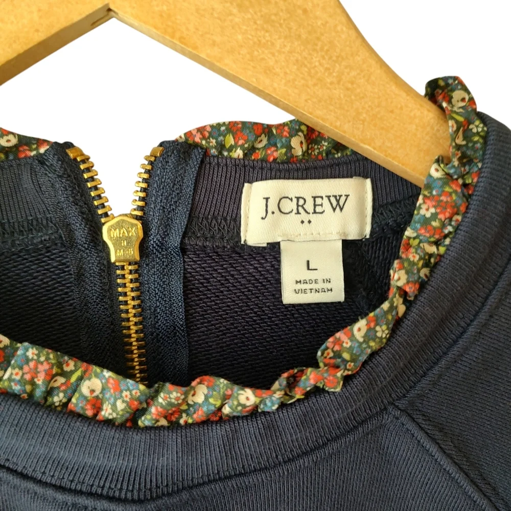 J. Crew Navy Blue Long Sleeve Sweatshirt with Floral Trim Size Large